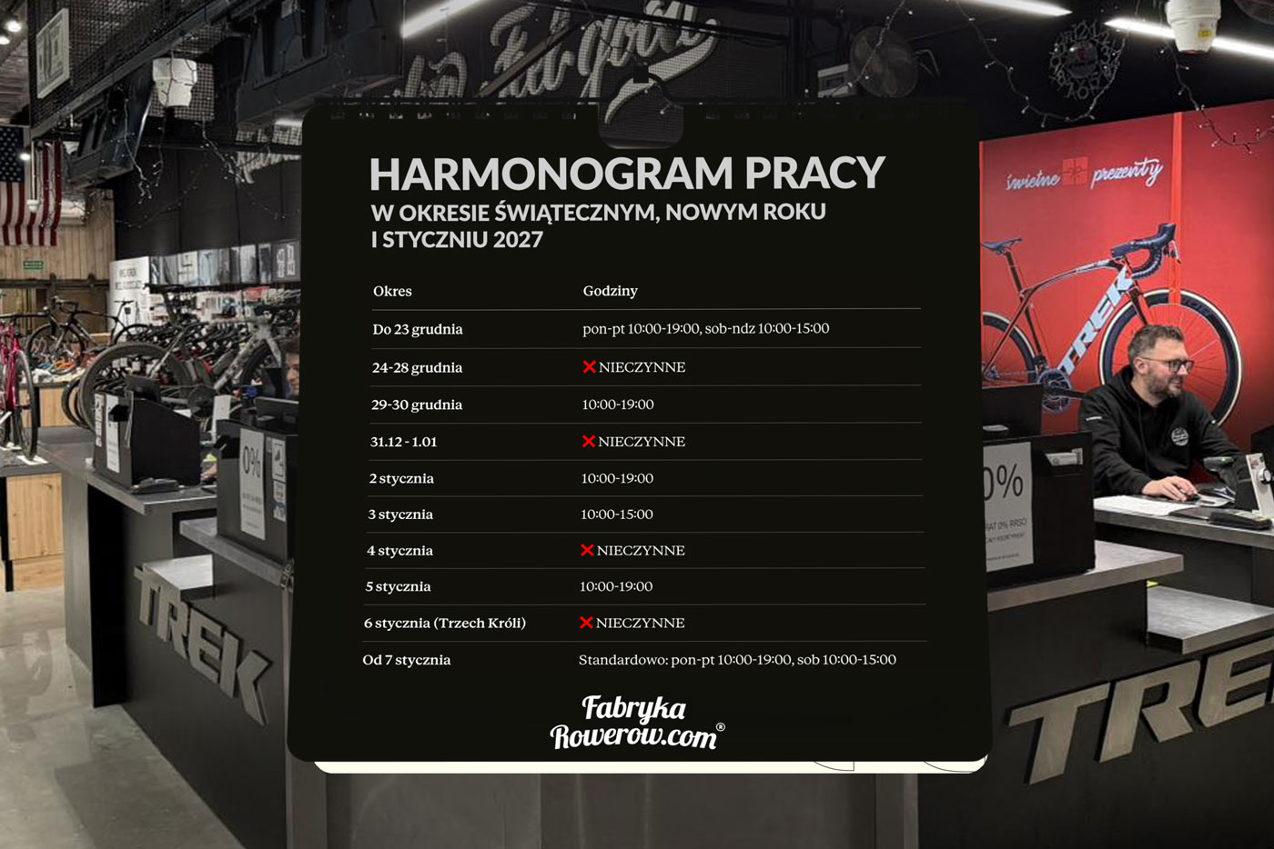 Godziny pracy w okresie świątecznym i noworocznym